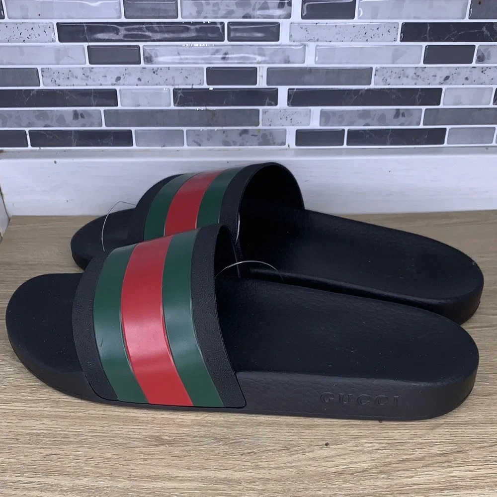 Gucci Black Slides with Red and Green Web Stripe